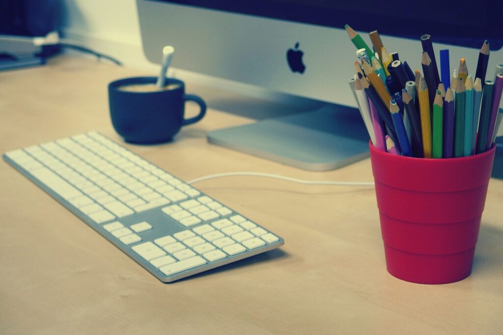 home office, pc, computer, desktop computer, work, keyboard, mouse, study, workplace, pencils, colored pencils, workspace, work from home, keyboard, study, study, study, study, study